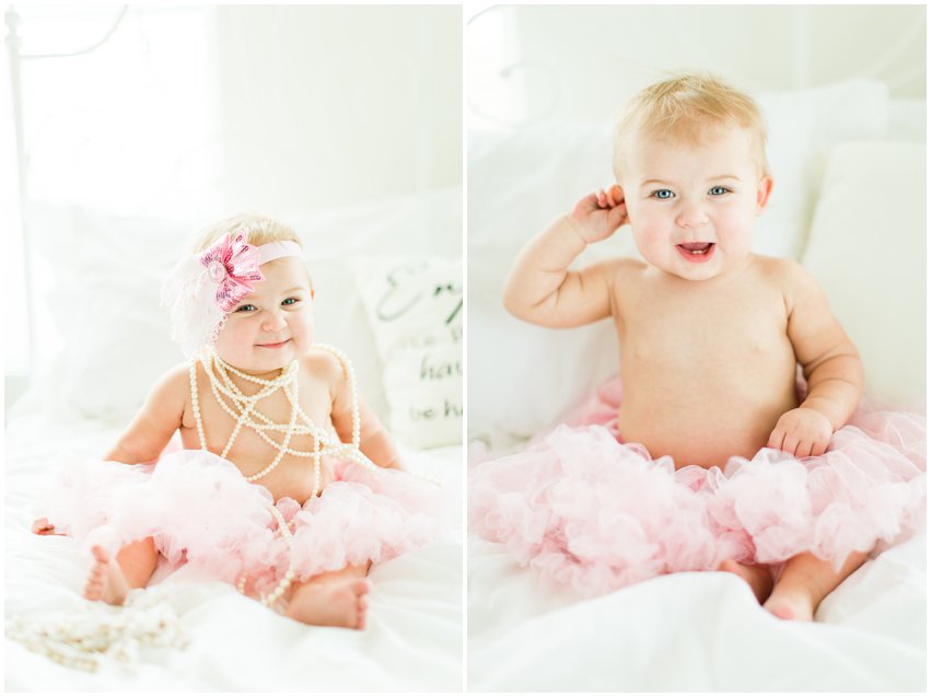 Northern Virginia Baby Photographer Lifestyle Portraits Girl Pearls Pink Tutu Tulle Bow