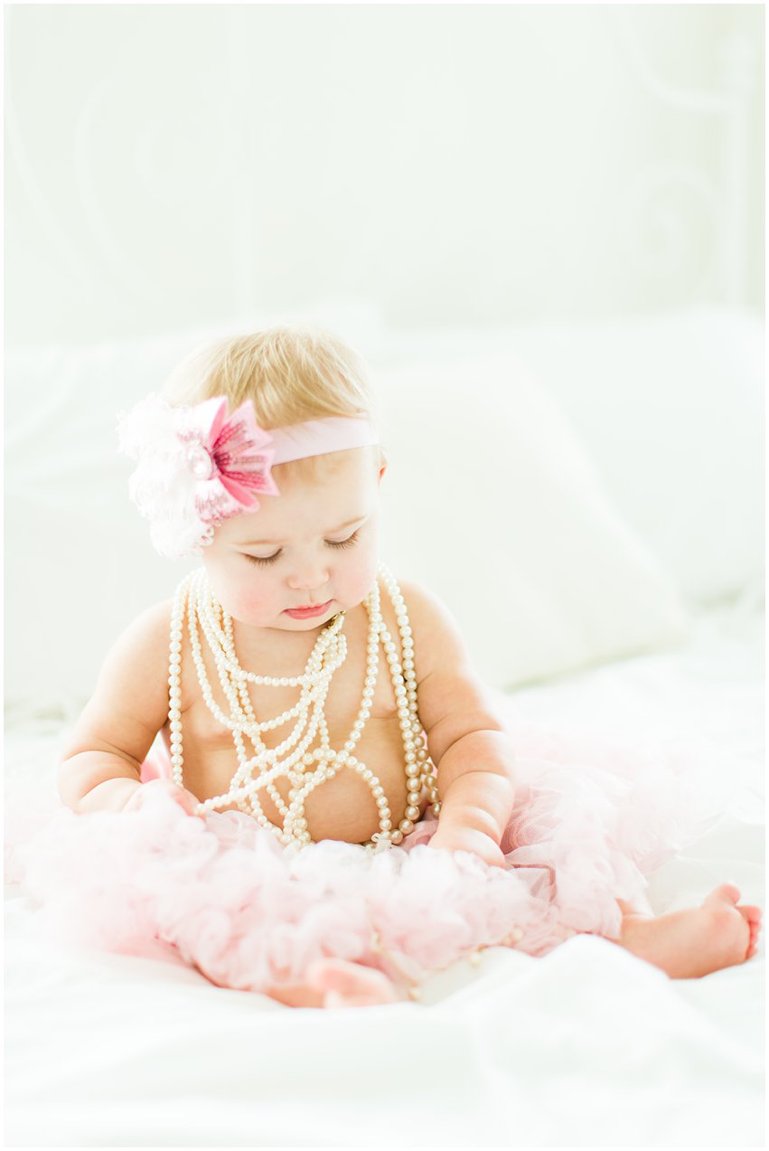 Northern Virginia Baby Photographer Lifestyle Portraits Girl Pearls Pink Tutu Tulle Bow