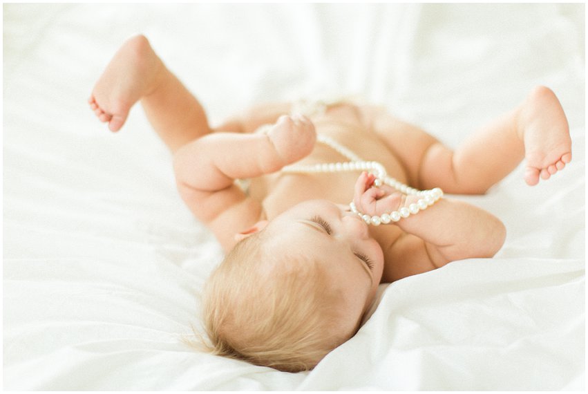 Northern Virginia Baby Photographer Lifestyle Portraits Girl Pearls Pink Tutu Tulle Bow