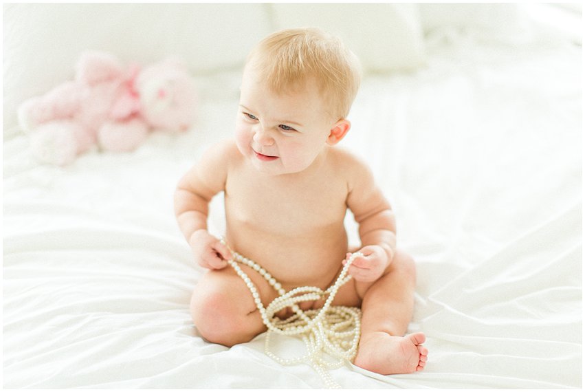 Northern Virginia Baby Photographer Lifestyle Portraits Girl Pearls Pink Tutu Tulle Bow