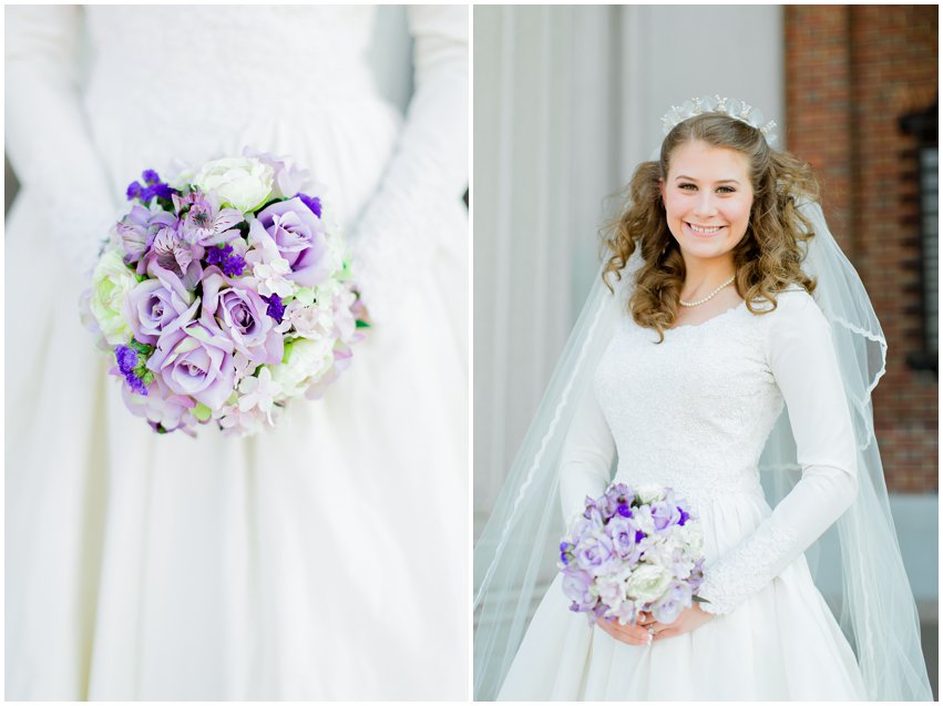 Cherry Blossom Bridal Portraits Bride Vintage Wedding Gown Dress Spring Military Base DC Tidal Basin Purple and Ivory Bouquet