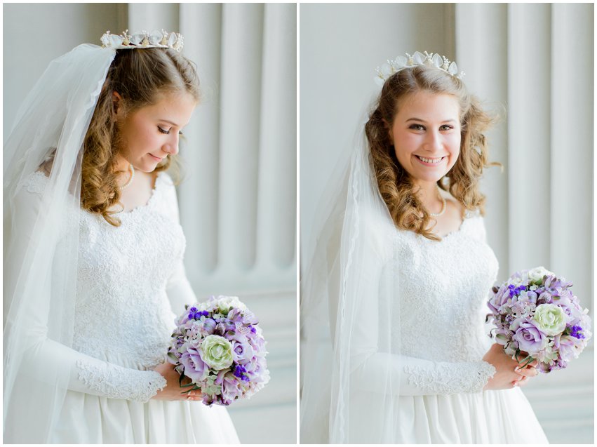 Cherry Blossom Bridal Portraits Bride Vintage Wedding Gown Dress Spring Military Base DC Tidal Basin Purple and Ivory Bouquet