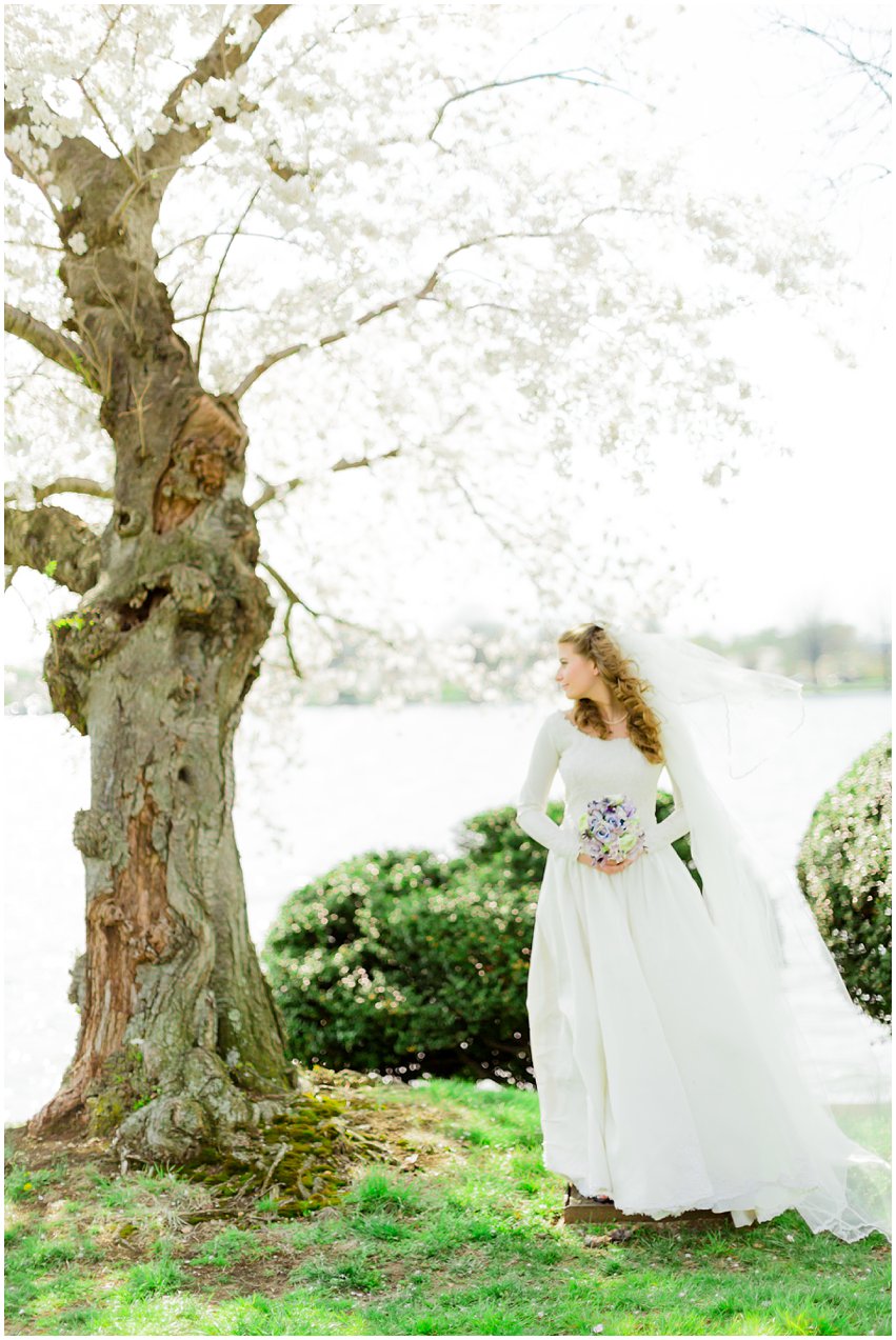 Cherry Blossom Bridal Portraits Bride Vintage Wedding Gown Dress Spring Military Base DC Tidal Basin Purple and Ivory Bouquet