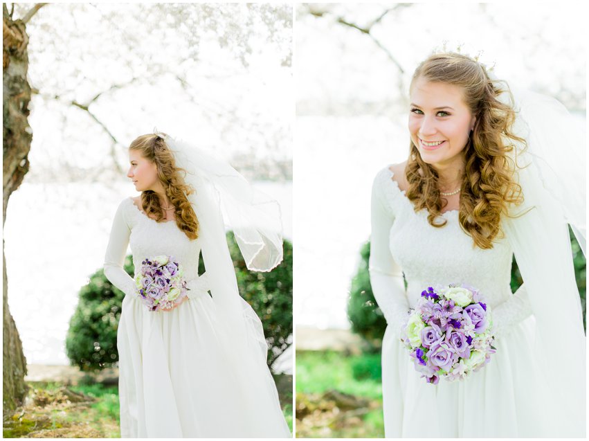 Cherry Blossom Bridal Portraits Bride Vintage Wedding Gown Dress Spring Military Base DC Tidal Basin Purple and Ivory Bouquet