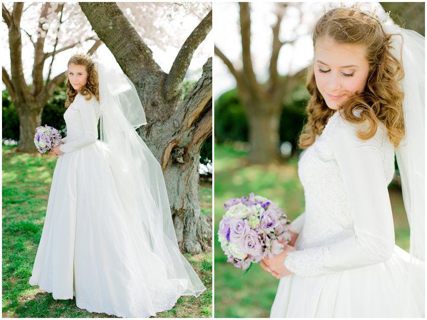 Cherry Blossom Bridal Portraits Bride Vintage Wedding Gown Dress Spring Military Base DC Tidal Basin Purple and Ivory Bouquet