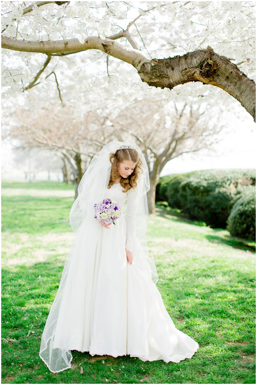 Cherry Blossom Bridal Portraits Bride Vintage Wedding Gown Dress Spring Military Base DC Tidal Basin Purple and Ivory Bouquet