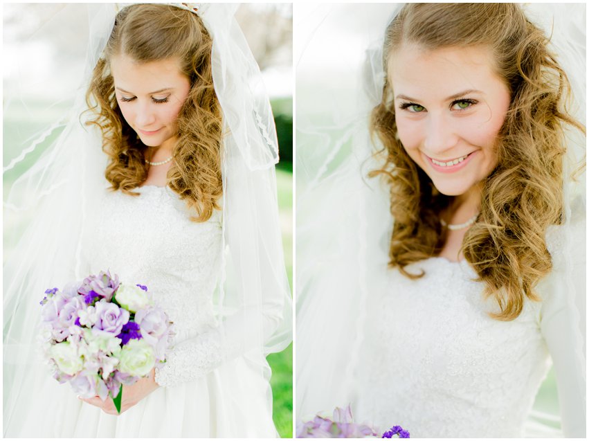 Cherry Blossom Bridal Portraits Bride Vintage Wedding Gown Dress Spring Military Base DC Tidal Basin Purple and Ivory Bouquet