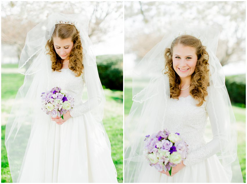 Cherry Blossom Bridal Portraits Bride Vintage Wedding Gown Dress Spring Military Base DC Tidal Basin Purple and Ivory Bouquet