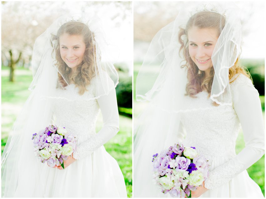 Cherry Blossom Bridal Portraits Bride Vintage Wedding Gown Dress Spring Military Base DC Tidal Basin Purple and Ivory Bouquet