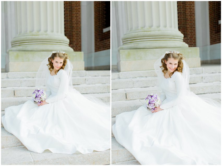 Cherry Blossom Bridal Portraits Bride Vintage Wedding Gown Dress Spring Military Base DC Tidal Basin Purple and Ivory Bouquet