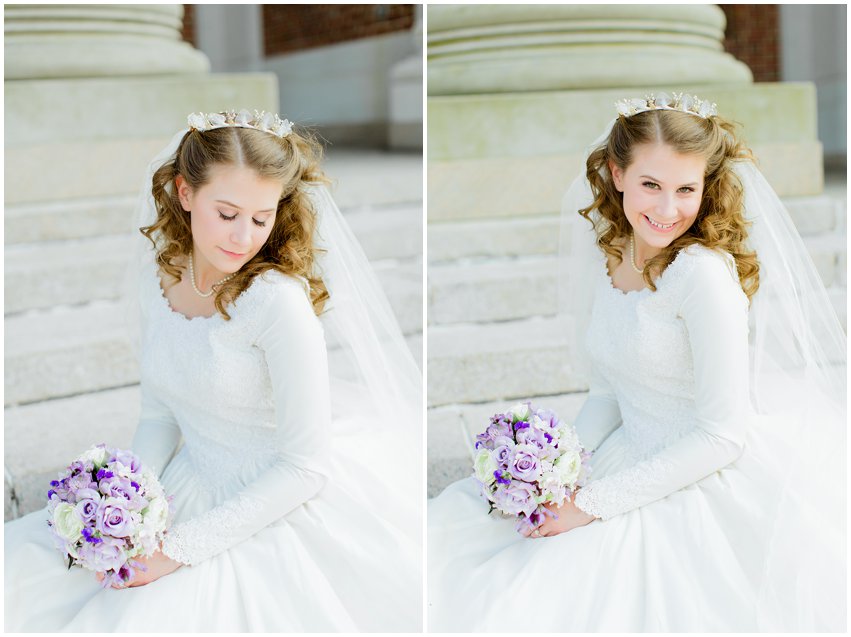 Cherry Blossom Bridal Portraits Bride Vintage Wedding Gown Dress Spring Military Base DC Tidal Basin Purple and Ivory Bouquet