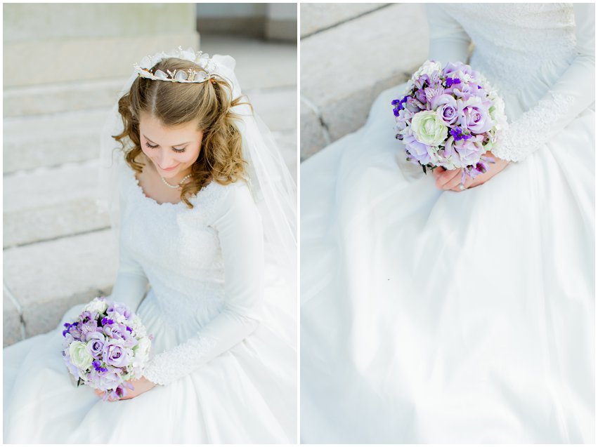 Cherry Blossom Bridal Portraits Bride Vintage Wedding Gown Dress Spring Military Base DC Tidal Basin Purple and Ivory Bouquet