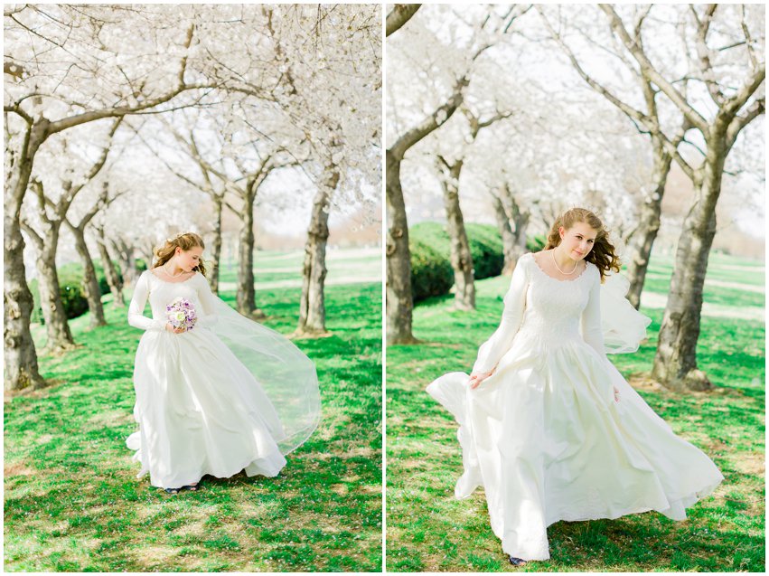 Cherry Blossom Bridal Portraits Bride Vintage Wedding Gown Dress Spring Military Base DC Tidal Basin Purple and Ivory Bouquet