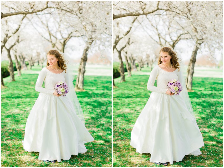 Cherry Blossom Bridal Portraits Bride Vintage Wedding Gown Dress Spring Military Base DC Tidal Basin Purple and Ivory Bouquet