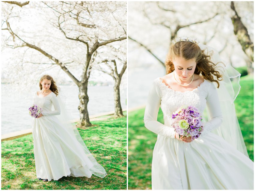 Cherry Blossom Bridal Portraits Bride Vintage Wedding Gown Dress Spring Military Base DC Tidal Basin Purple and Ivory Bouquet